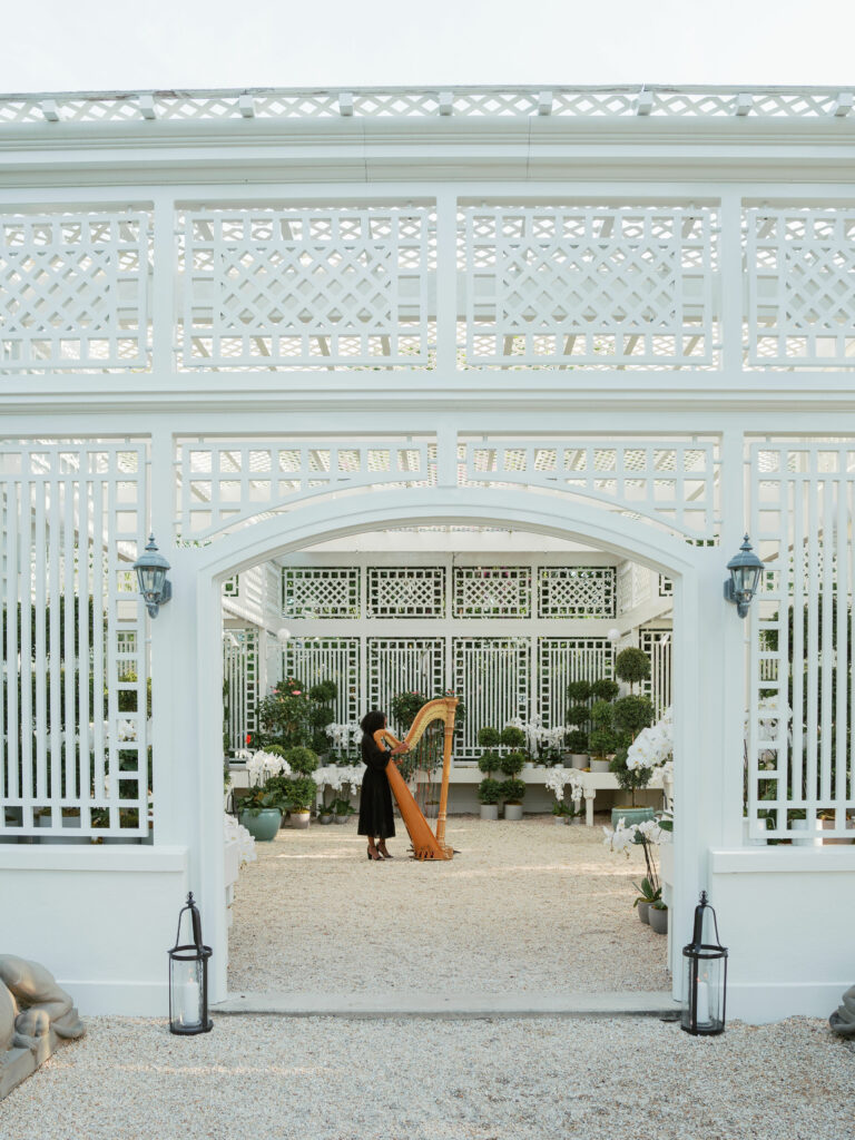 A white latticed slathouse surrounds a woman in black playing the harp.