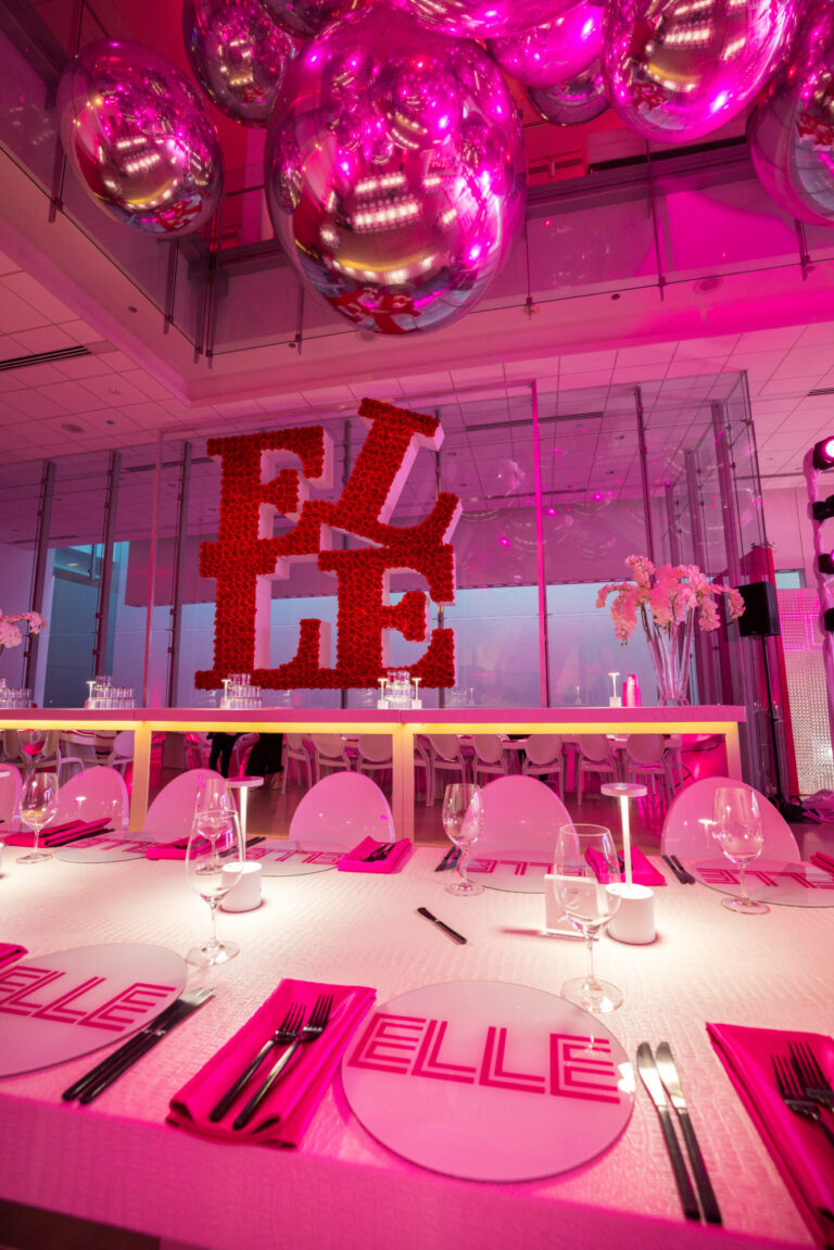 Chicago bat mitzvah design featuring a custom monogram, metallic balloons and vivid pink lighting by HMR Designs Bill Heffernan