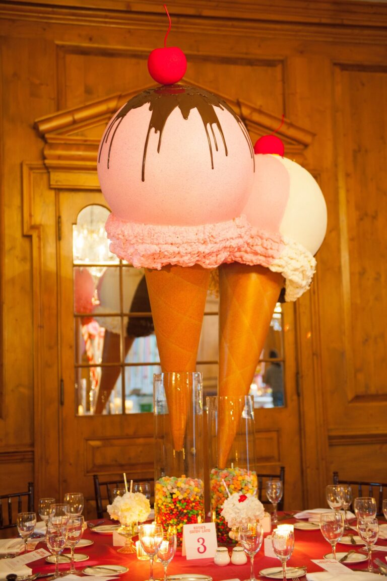 Chicago suburbs bat mitzvah design featuring a playful oversized ice cream cone installation by event design and production company HMR Designs